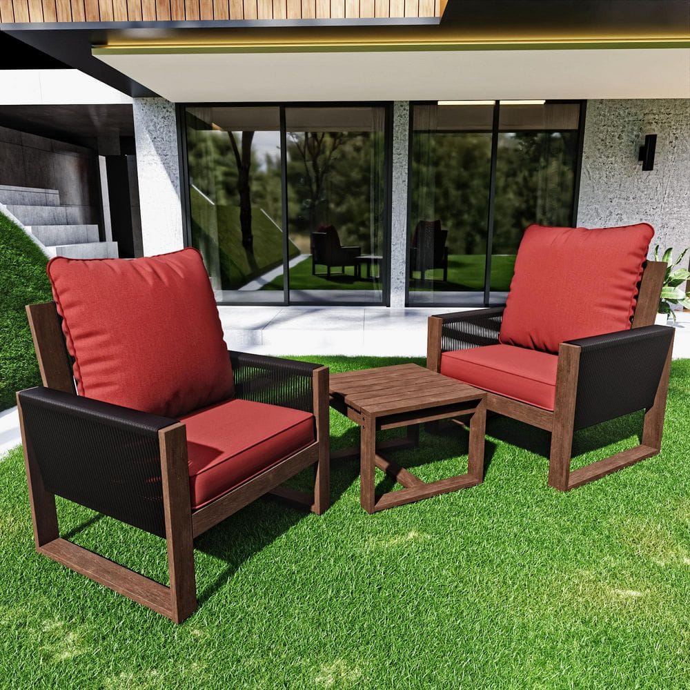 3-Piece Light Walnut Wood Wicker Patio Conversation Set Outdoor Lounge Chair with Thicken Red Cushions and Side Table price history on PriceWatchPro