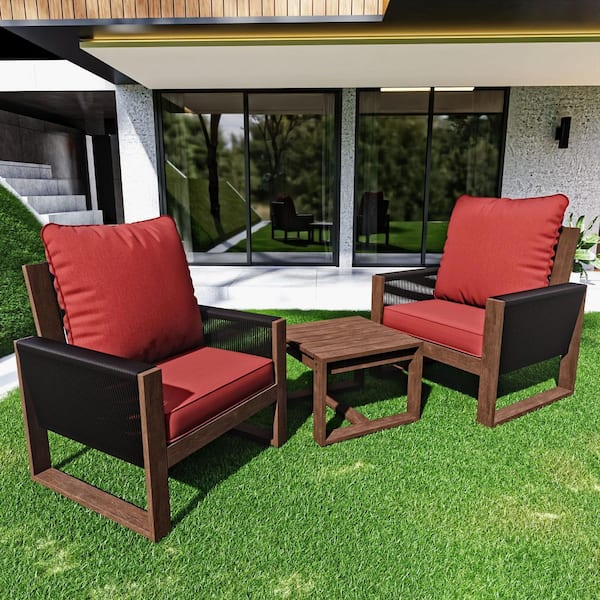 JOYSIDE 3-Piece Light Walnut Wood Wicker Patio Conversation Set Outdoor Lounge Chair with Thicken Red Cushions and Side Table