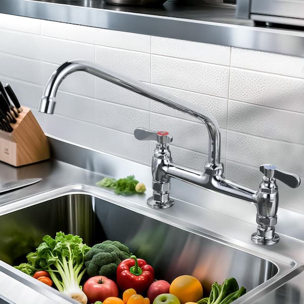 Double Handle Deck Mounted Standard Kitchen Faucet, Commercial Faucet with 12 in. Long Spout in Polished Chrome