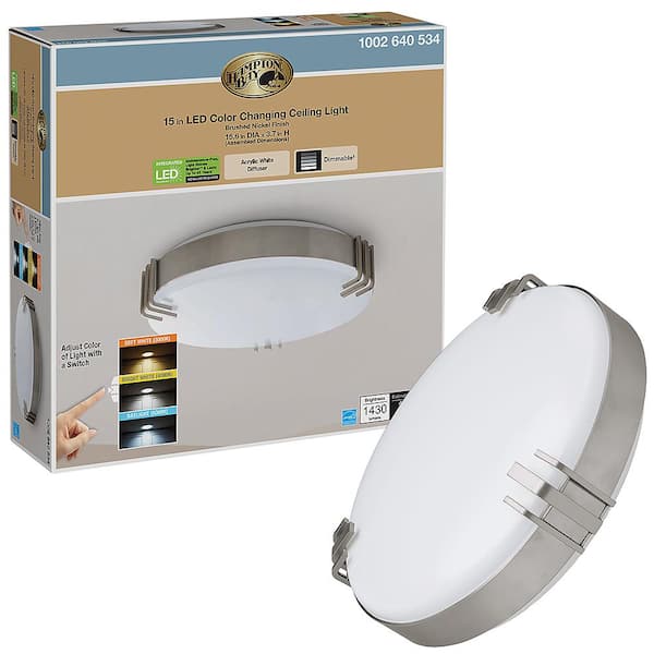 Hampton Bay Mission Industrial 15 in. Round Brushed Nickel Selectable LED Flush Mount Ceiling Light 1430 Lumens Dimmable