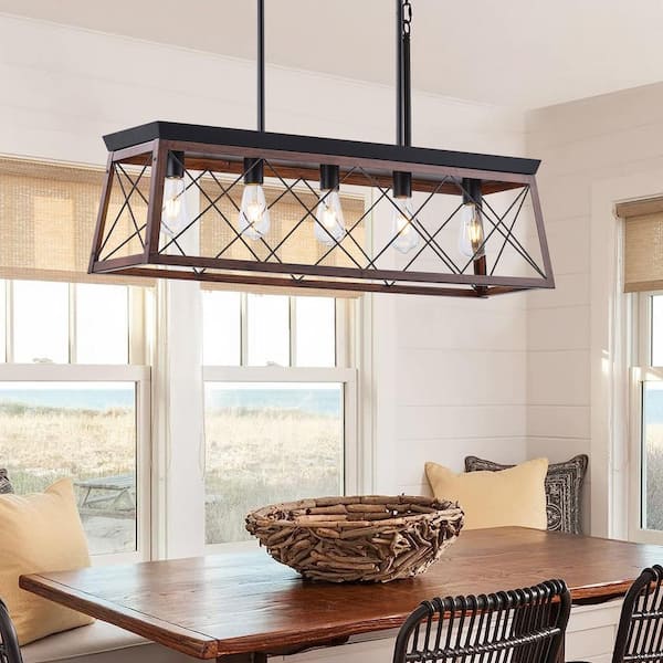 5-Light Red Industrial Rectangle Hanging Linear Island Chandelier Lighting for Kitchen Island