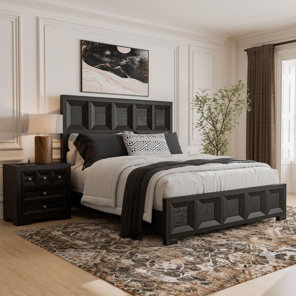 Flonnin 2-Piece Modern Classic Weathered Black Wood Queen Panel Bedroom Set with 3-Drawer Nightstand price history on PriceWatchPro
