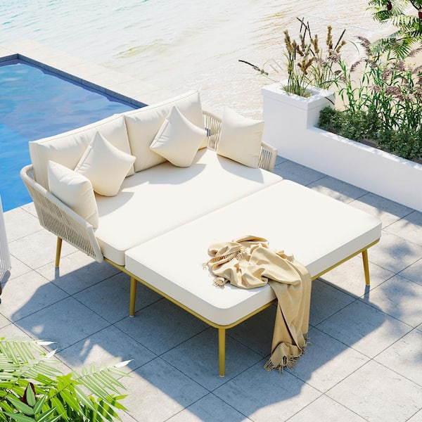 Harper & Bright Designs Beige and Gold Metal Outdoor Patio Day Bed with Woven Nylon Rope Backrest and Beige Washable Cushions