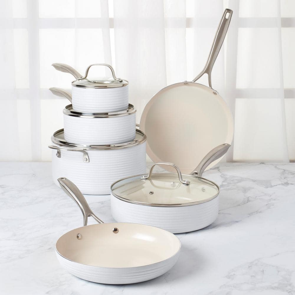 10-Piece White Nonstick Aluminum Cookware Set with Ribbed Design