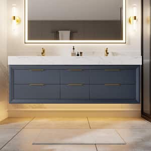MarbleLux 60 in. W x 20.8 in. D x 21.2 in. H Wall Mounted Bathroom Vanity with Double Sink in Blue with White Marble Top