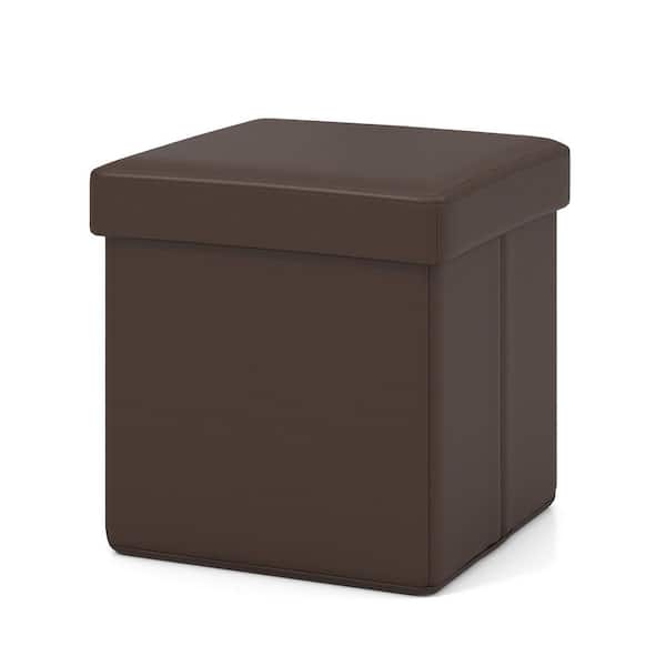 Gymax Brown PVC Leather Upholstered Folding Storage Ottoman Square Footstool 10.5 Gallon