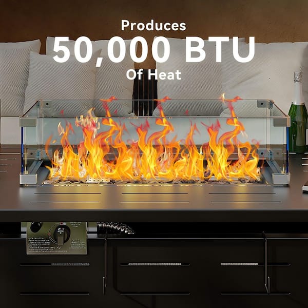 Black 45 in. Fire Pit Table with Glass Wind Guard 50000 BTU Metal Propane Outdoor Fire Pit, with Lid Lava Rock