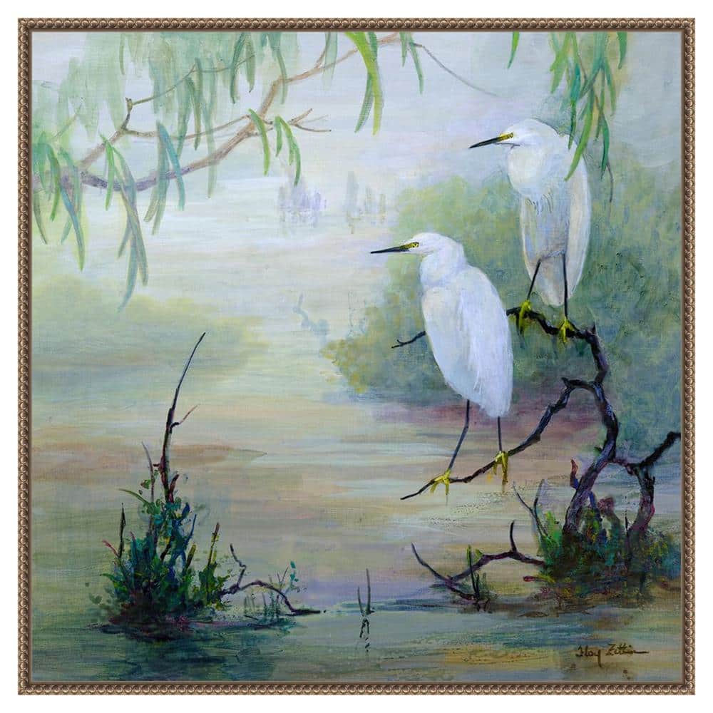 Snowy Egrets in Wetlands Bronze Framed Canvas Wall Art