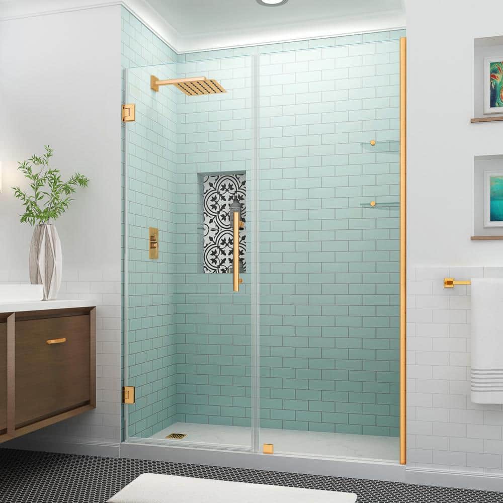 BelmoreGS 56.25 in. to 57.25 in. W x 72 in. H Frameless Hinged Shower Door with Glass Shelves in Brushed Gold price history on PriceWatchPro