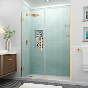 BelmoreGS 56.25 in. to 57.25 in. W x 72 in. H Frameless Hinged Shower Door with Glass Shelves in Brushed Gold