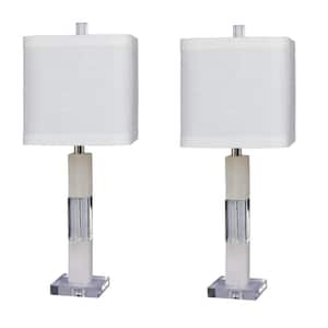 Pair of 26 in. Clear Crystal and Snow Marble Stacked Block Table Lamp