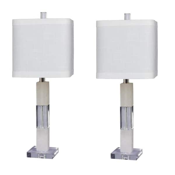 Fangio Lighting Pair of 26 in. Clear Crystal and Snow Marble Stacked Block Table Lamp