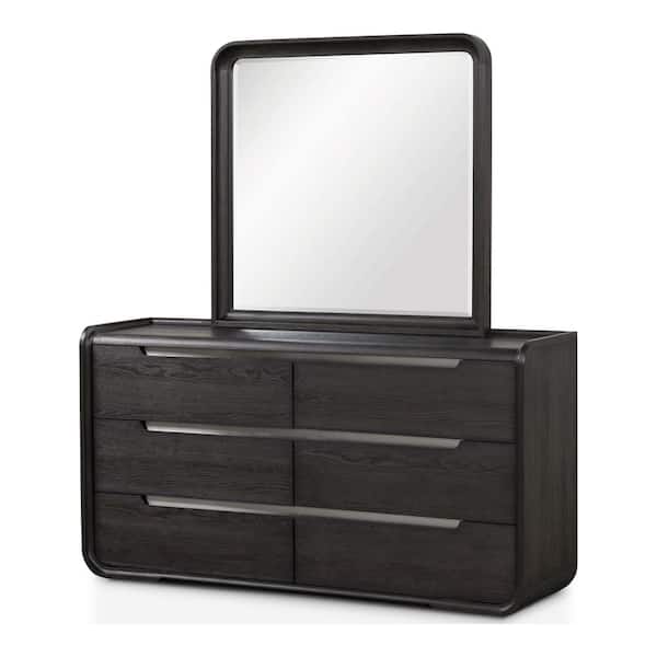 Wilter Black 6-Drawer 66 in. Dresser with Mirror with Rounded Edges and Nickel Finish Stainless Steel Trim