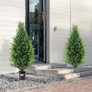 Artificial Cedar Topiary Tree, 36 in. Tall, Pot Faux Evergreen Fake Pine Cypress Trees Plant, UV Rated Greenery Set