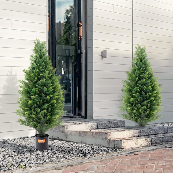 Artificial Cedar Topiary Tree, 36 in. Tall, Pot Faux Evergreen Fake Pine Cypress Trees Plant, UV Rated Greenery Set