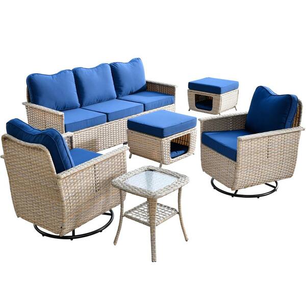 Multi-Functional Outdoor Wicker Love Seat Chaise Lounger with Navy Cushions