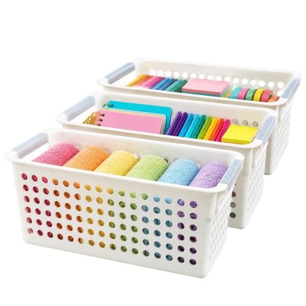 1.33 G White Rectangular Plastic Shelf Organizer Basket with Handles Set of 3