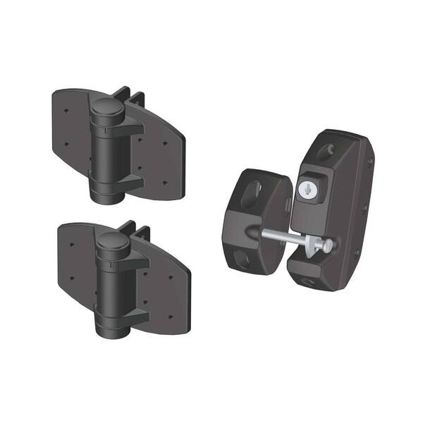 Clark Black Gate Hardware Kit with Spring Loaded Hinges and Locking Latch for Vinyl and Wood Gates