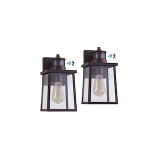 11.5 in. H Oil Rubbed Bronze E26 Motion Sensor Dusk to Dawn Lantern Sconce with Clear Seeded Glass Shade (Set of 2)