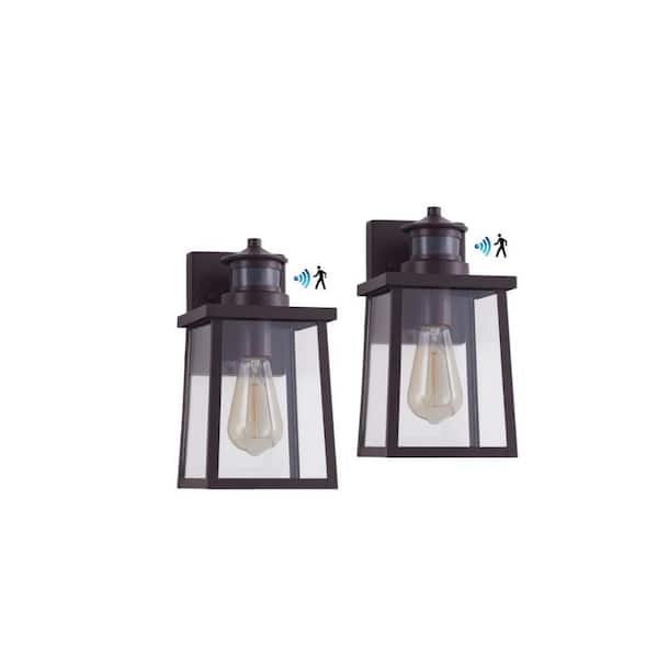 Unbranded 11.5 in. H Oil Rubbed Bronze E26 Motion Sensor Dusk to Dawn Lantern Sconce with Clear Seeded Glass Shade (Set of 2)