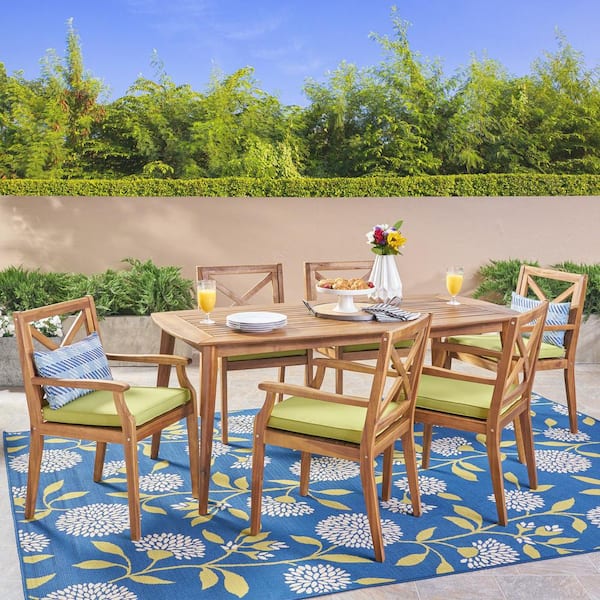 Noble House Llando Teak Brown 7-Piece Wood Outdoor Dining Set with Green Cushions