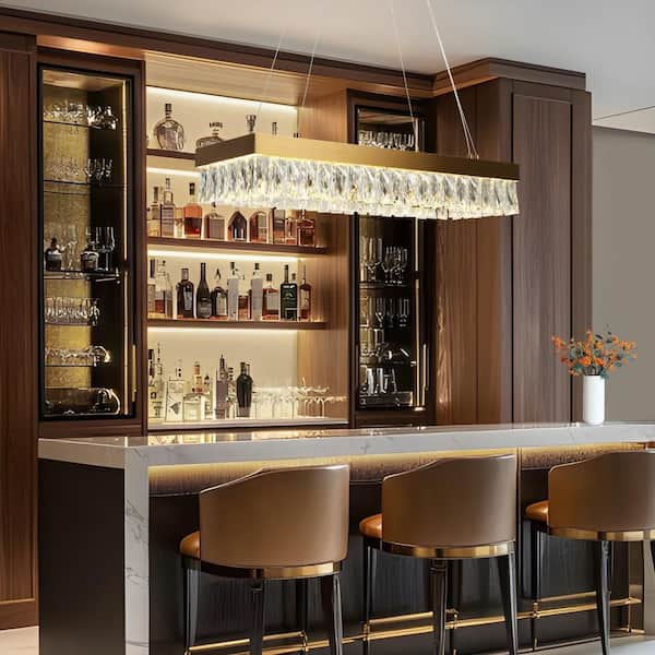 Modern 1-Light Plating Brass Rectangle Integrated LED Chandelier, Glam pendant light with Crystal Accent for Living Room