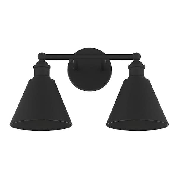 Savoy House 17 in. W x 10 in. H 2-Light Matte Black Bathroom Vanity Light with Metal Shades