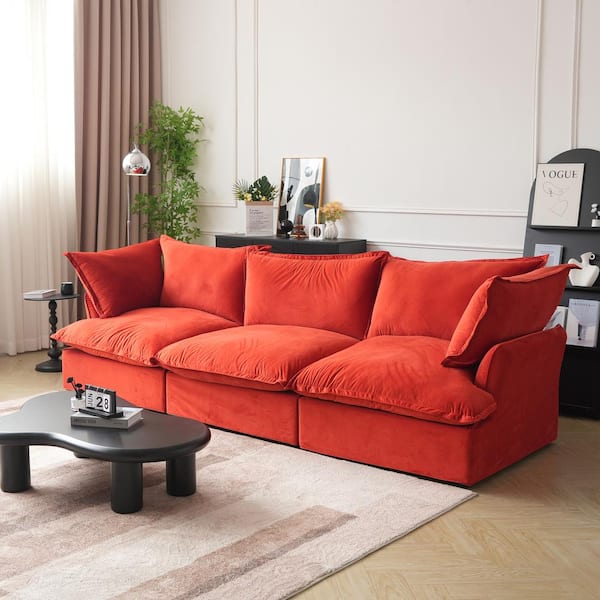 123 in. Modern Rounded Arm 3-Piece Velvet Reversible Sectional Sofa in. Red w/Pillows