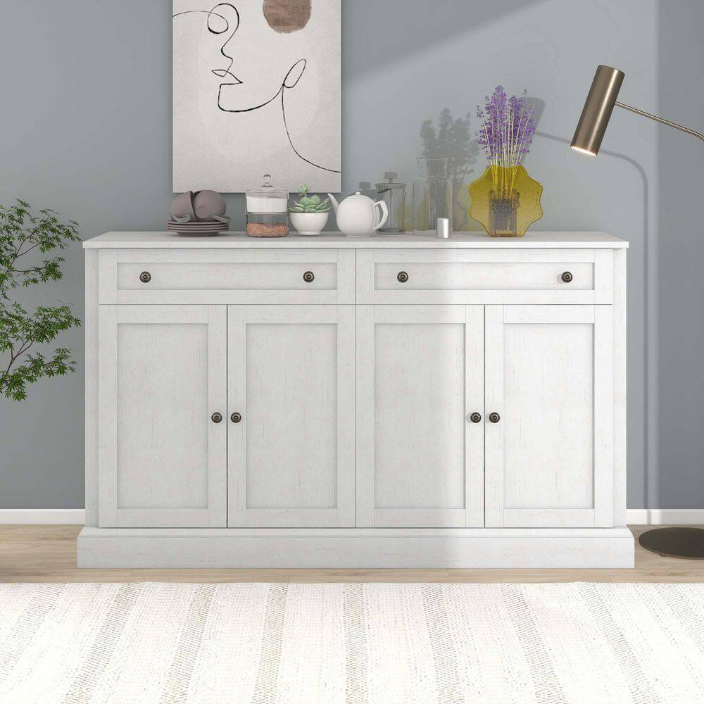 58 in. W x 16 in. D x 34 in. H Antique White Linen Cabinet, Kitchen Sideboard Storage Buffet Cabinet with Drawers, Doors price history on PriceWatchPro