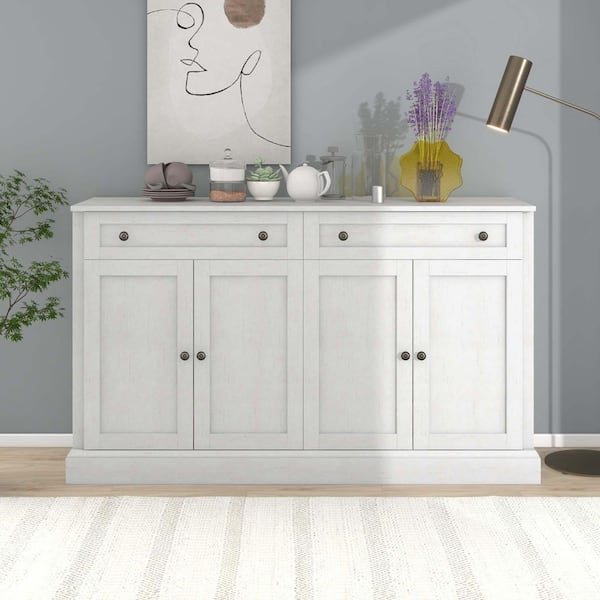 58 in. W x 16 in. D x 34 in. H Antique White Linen Cabinet, Kitchen Sideboard Storage Buffet Cabinet with Drawers, Doors