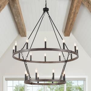 Wiam 40 in. 20 Light Black/Brown 2-Tiers Candle Style Dimmable Farmhouse Wagon Wheel Chandelier for Living Room Foyer