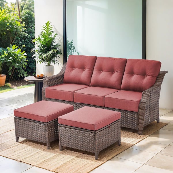 Circle 75 in. W Brown 3-Piece Wicker Outdoor Sectional Couch Patio 3-Seat Sofa w/ Multifunctional Ottomans Red Cushions