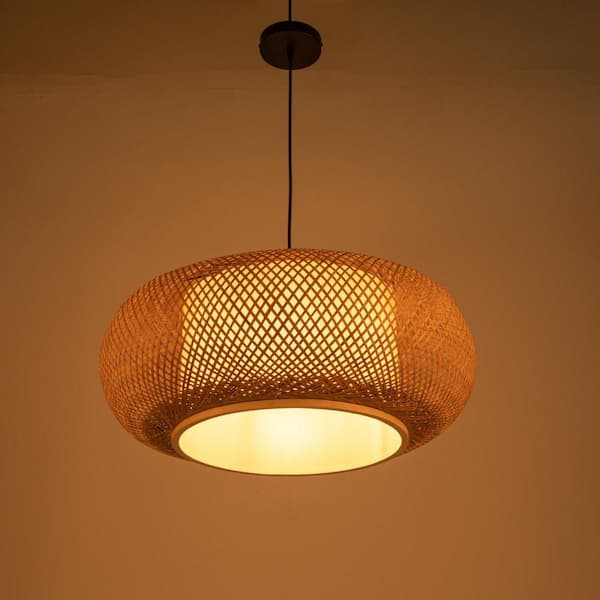 OUKANING 23.6 in. 1-Light Vintage Bamboo Rattan Lantern Pendant