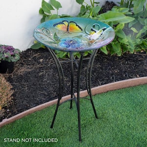 18 in. Glass Birdbath Topper with Colorful Butterfly and Flowers