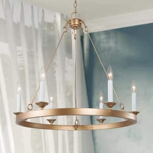 Mid-century Modern 6-Light Gold Wagon Wheel Chandelier with Candle Bulbs