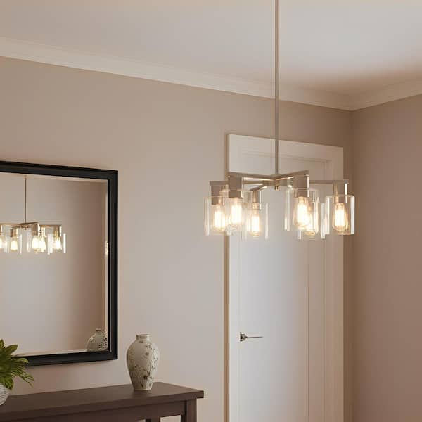 6-Light Nickel Farmhouse Chandelier with Adjustable Height, Industrial Clear Glass Pendant Light for Dining Room