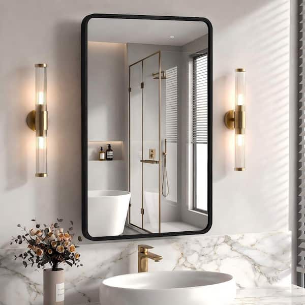 24 in. W x 30 in. H Recessed Rectangular Metal Framed Bathroom Medicine Cabinets with Mirror in Matt Black