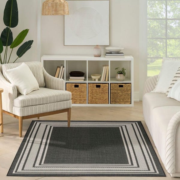 Horizon Black 4 ft. x 6 ft. Indoor/Outdoor Bordered Contemporary Area Rug