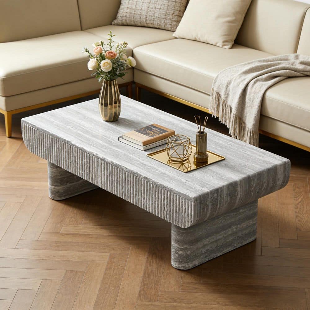 Enver 46.85 in. Modern Grey Rectangle MDF Wood Coffee Table with Fluted Drawers