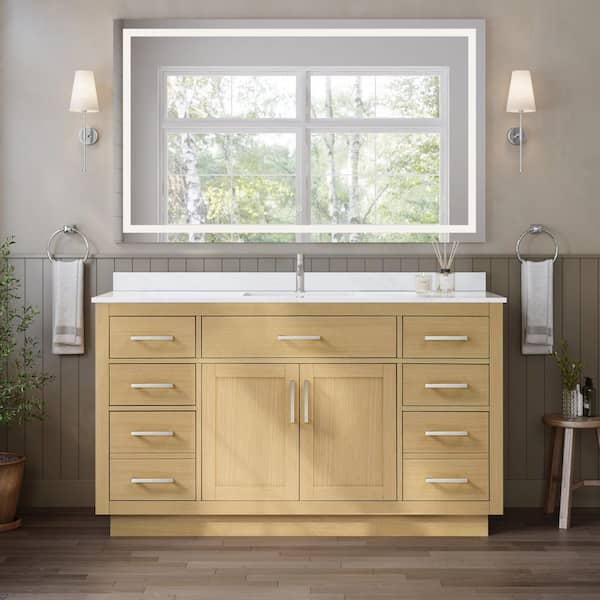 Beckett TK 60 in. Single Freestanding Rift Oak with Brushed Nickel Trim Bath Vanity with Giotto Quartz Top