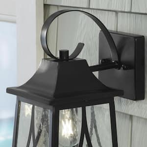 Drackert 1-Light Flat Black Hardwired Outdoor Wall Lantern Sconce with Seedy Glass