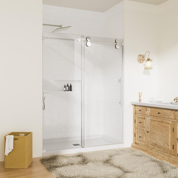 60 in. W x 72 in. H Single Sliding Frameless Shower Door in Brushed Nickel with 5/16 in. Tempered Clear Glass
