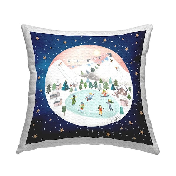 Stupell Industries Winter Fun Ice Skating Scene Blue Square Outdoor Throw Pillow