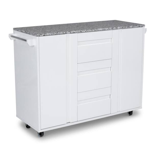 HOMESTYLES Linear White Kitchen Cart with Salt and Pepper Granite Top