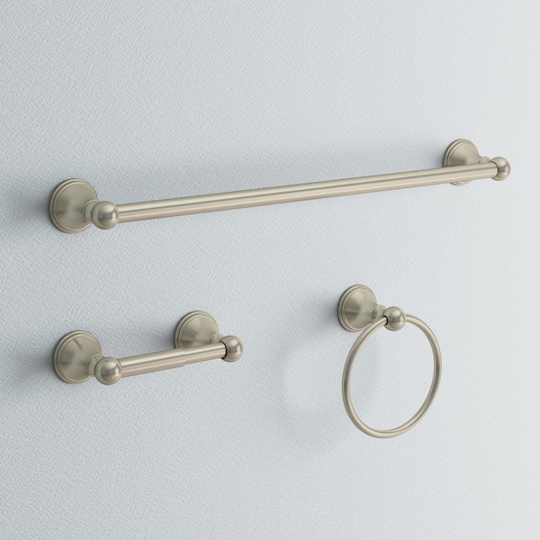 Crestfield 3-Piece Bath Hardware Set with Towel Ring Toilet Paper Holder and 24 in. Towel Bar in Brushed Nickel