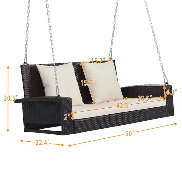 2-Person 500 lbs. Brown Rattan Wicker Steel Patio Hanging Backyard Garden Chained Porch Swing with Beige Cushion