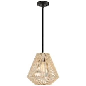 1-Light Rattan Single Pendant with Black Canopy