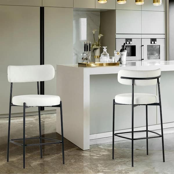 Awen 24 in. White Boucle Metal Counter Stool with Black Legs Set of 2
