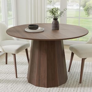 46 in. Natural Oak Wood Walnut Color Column Pedestal Round Kitchen Table Dining Table Seats 4