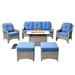 Verona Grey 6-Piece Wicker Outdoor Patio Conversation Sofa Seating Set with a Rectangle Fire Pit and Sky Blue Cushions